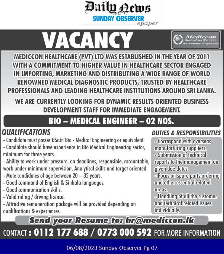 Biomedical Engineer - Mediccon Health-Care (Pvt) Ltd
