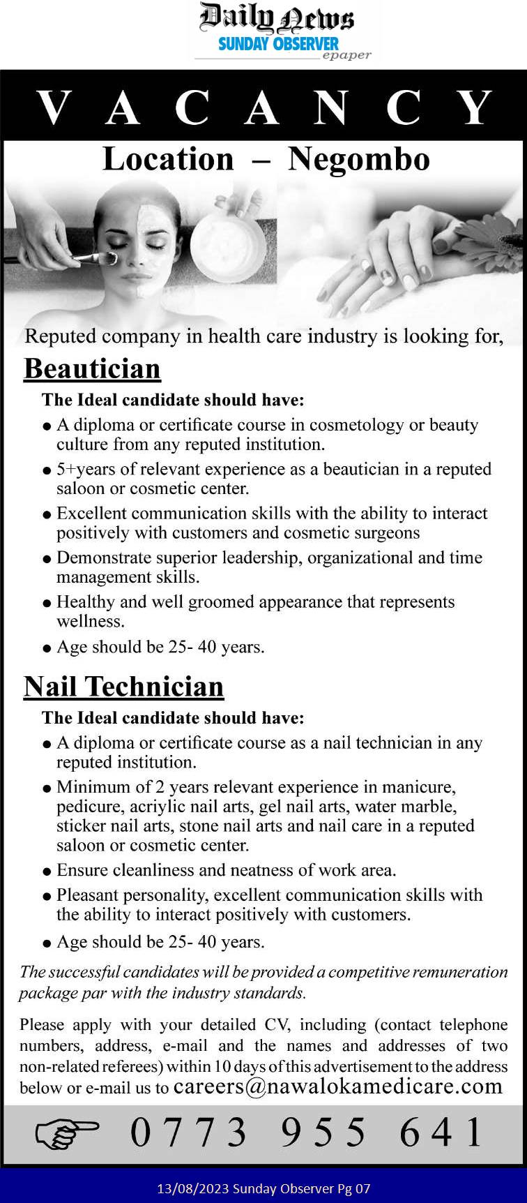 Beautician, Nail Technician - Nawaloka Medicare Pvt Ltd