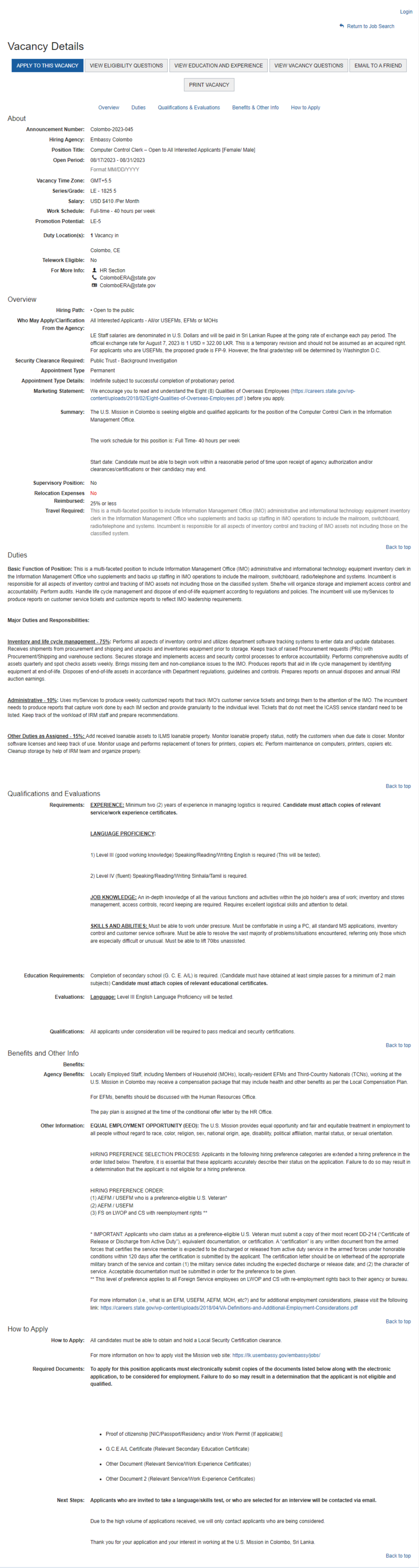 Computer Control Clerk - American Embassy