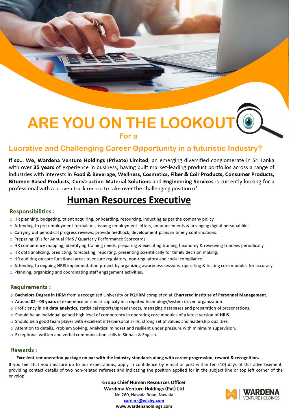 Human Resource Executive - Wardena Venture Holdings (Pvt) Ltd