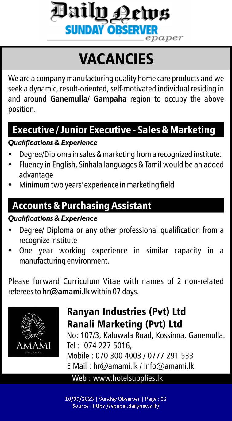 Accounts and Purchasing Assistant, Executive - Ranyan Industries (Pvt) Ltd