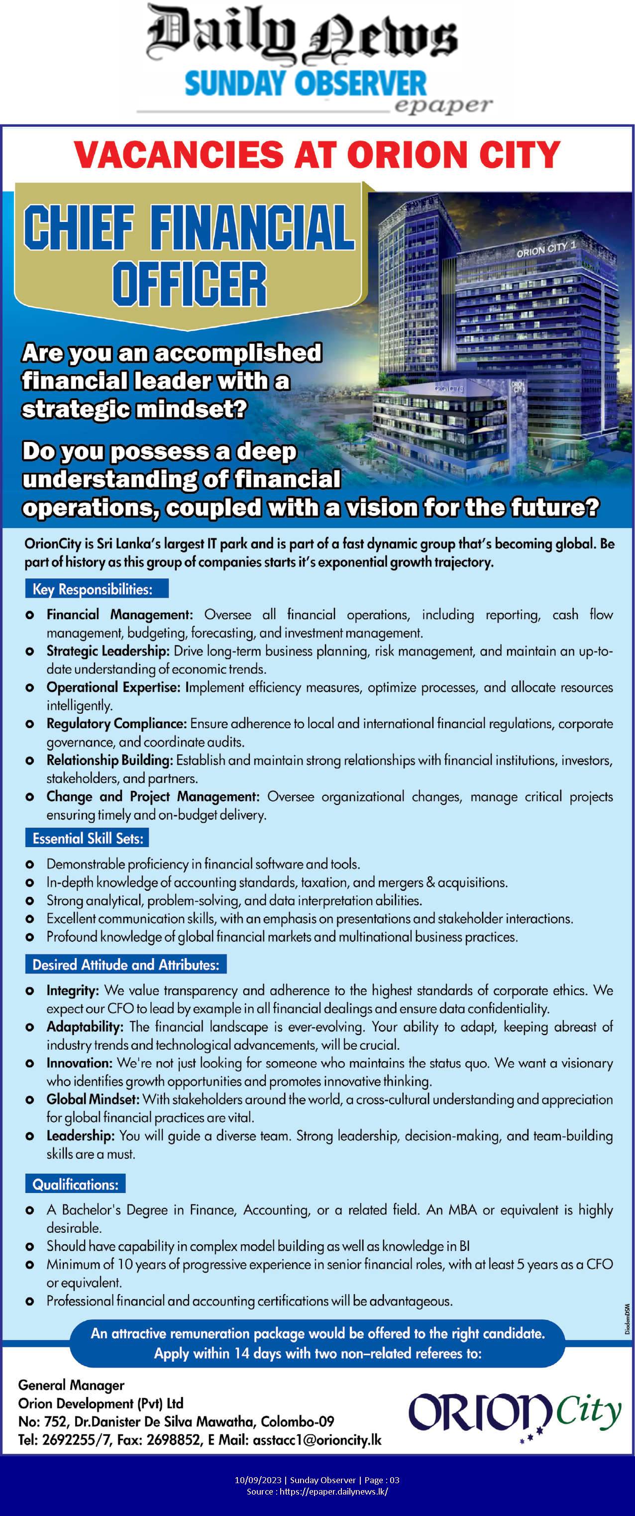 Chief Financial Officer - Orion Development (Pvt) Ltd
