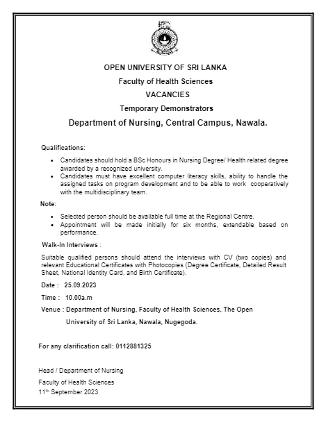 Demonstrator - Open University of Sri Lanka