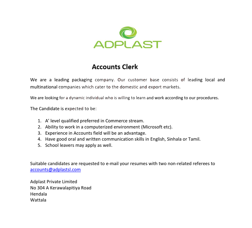 Accounts Clerk - Adplast (pvt) Ltd