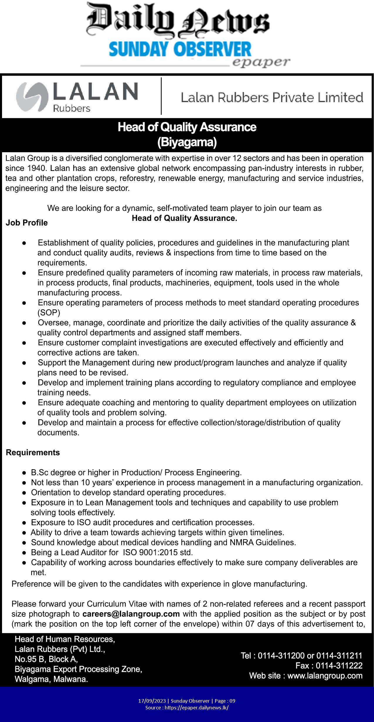 Head of Quality Assurance - Lalan Rubbers (pvt) Ltd