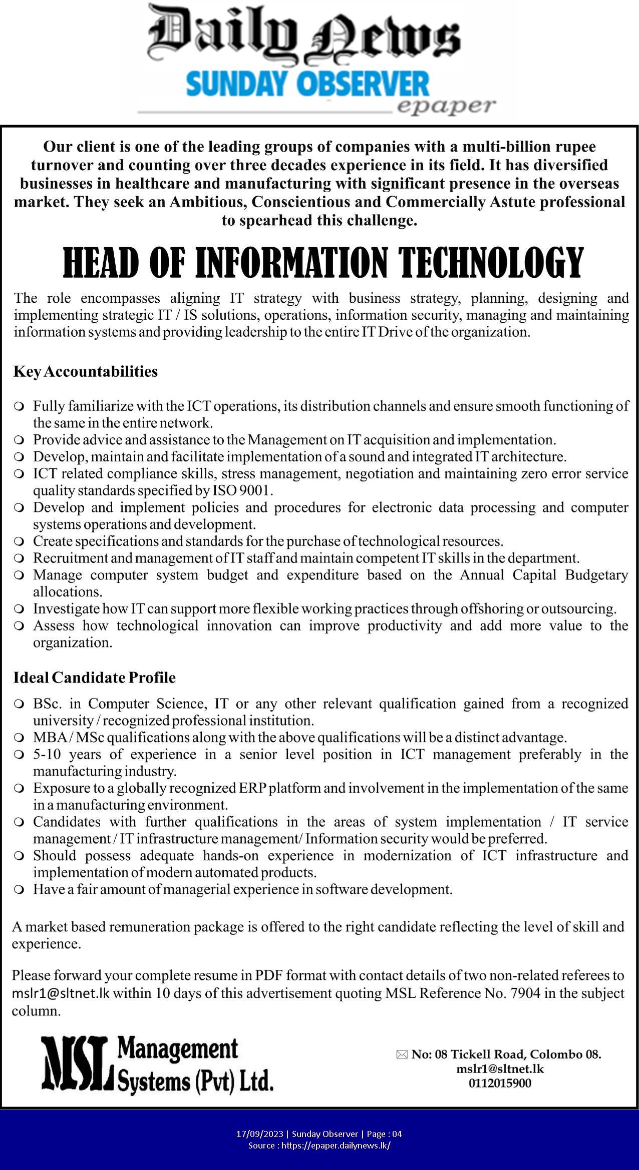 Head Of Information Technology - Management Systems (Pvt) Ltd