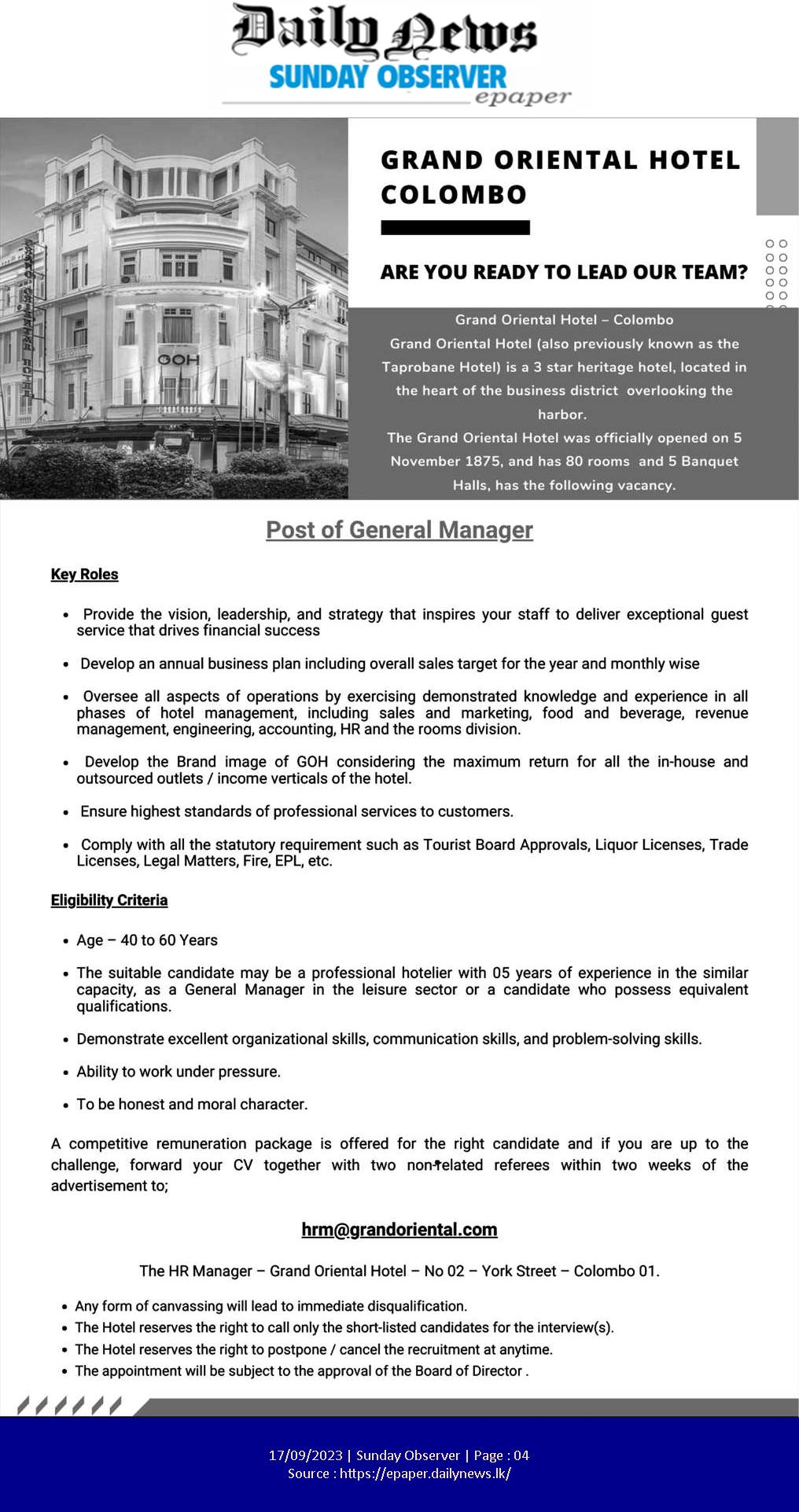 General Manager - Grand Oriental Hotel
