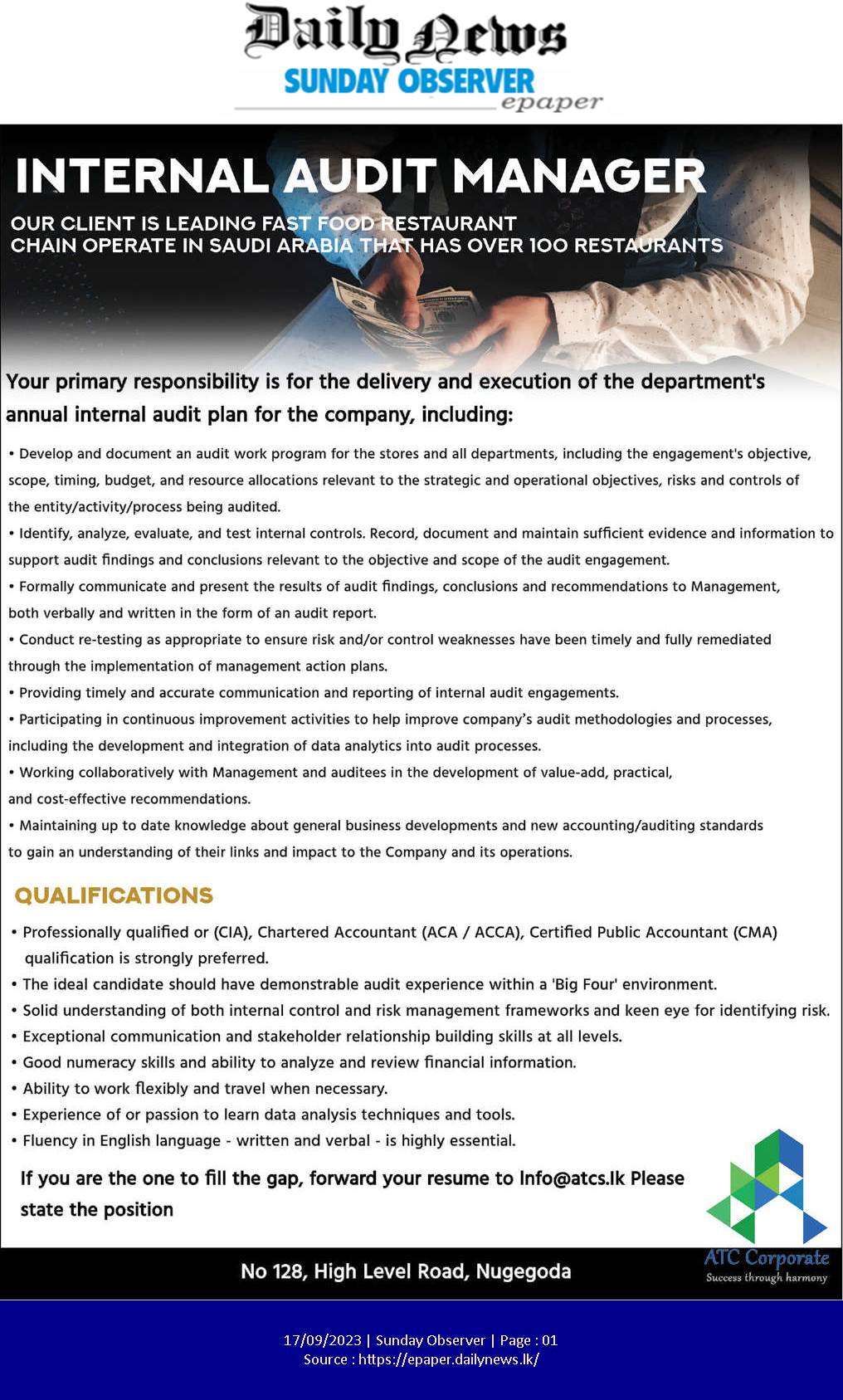 Internal Audit Manager - ATC Corporate