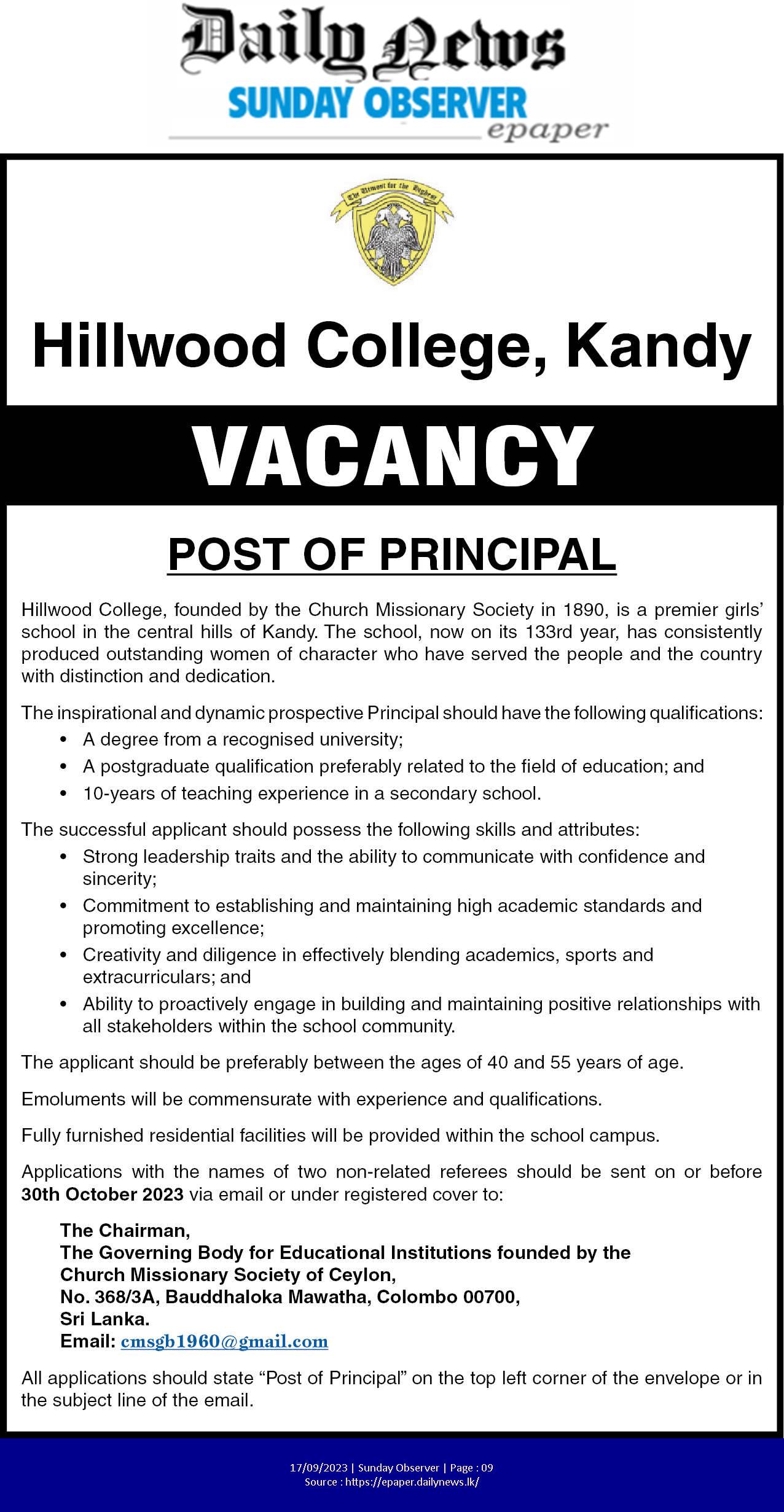 Principal - Hillwood College