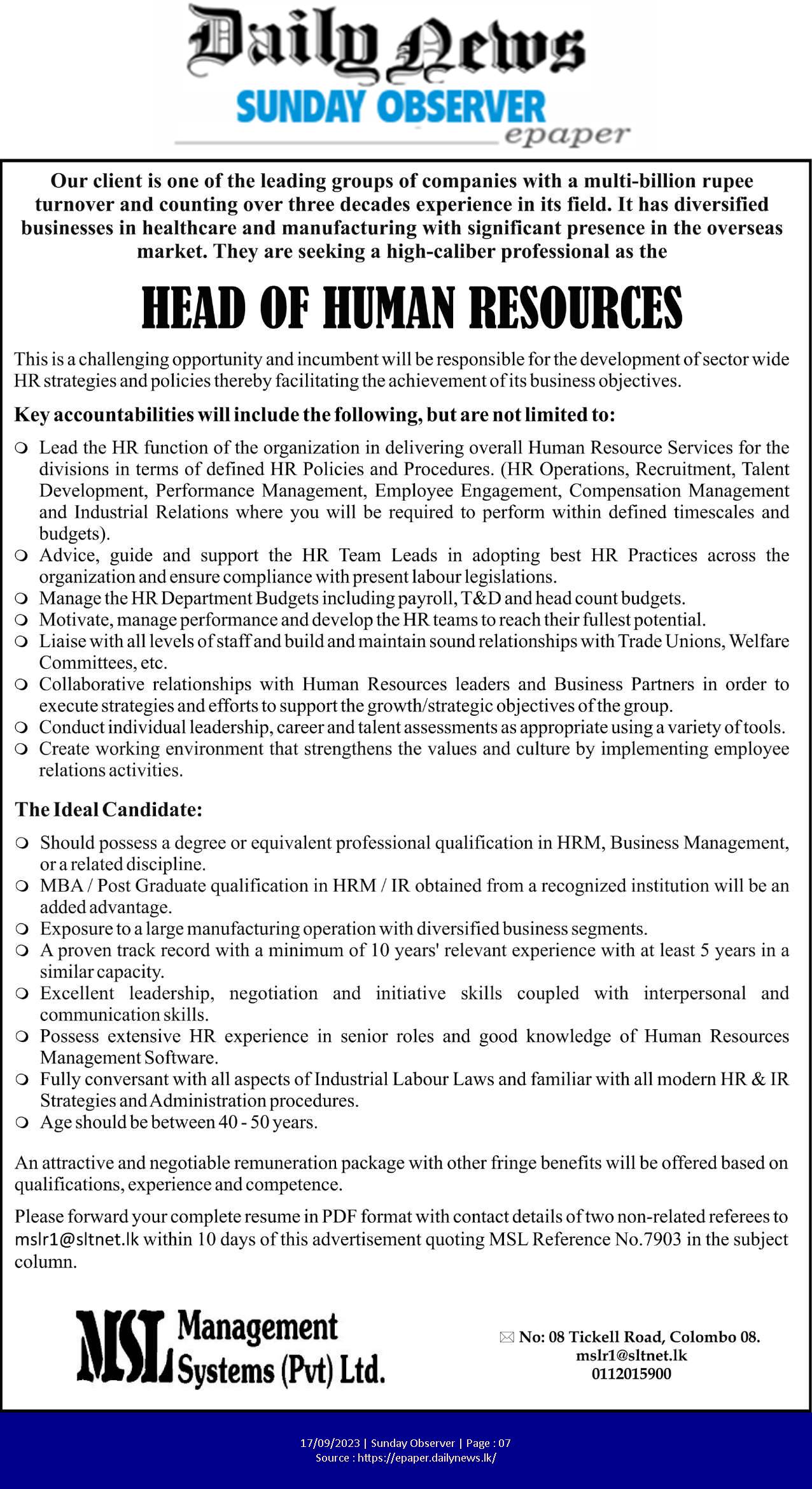 Head of Human Resource - Management Systems (Pvt) Ltd
