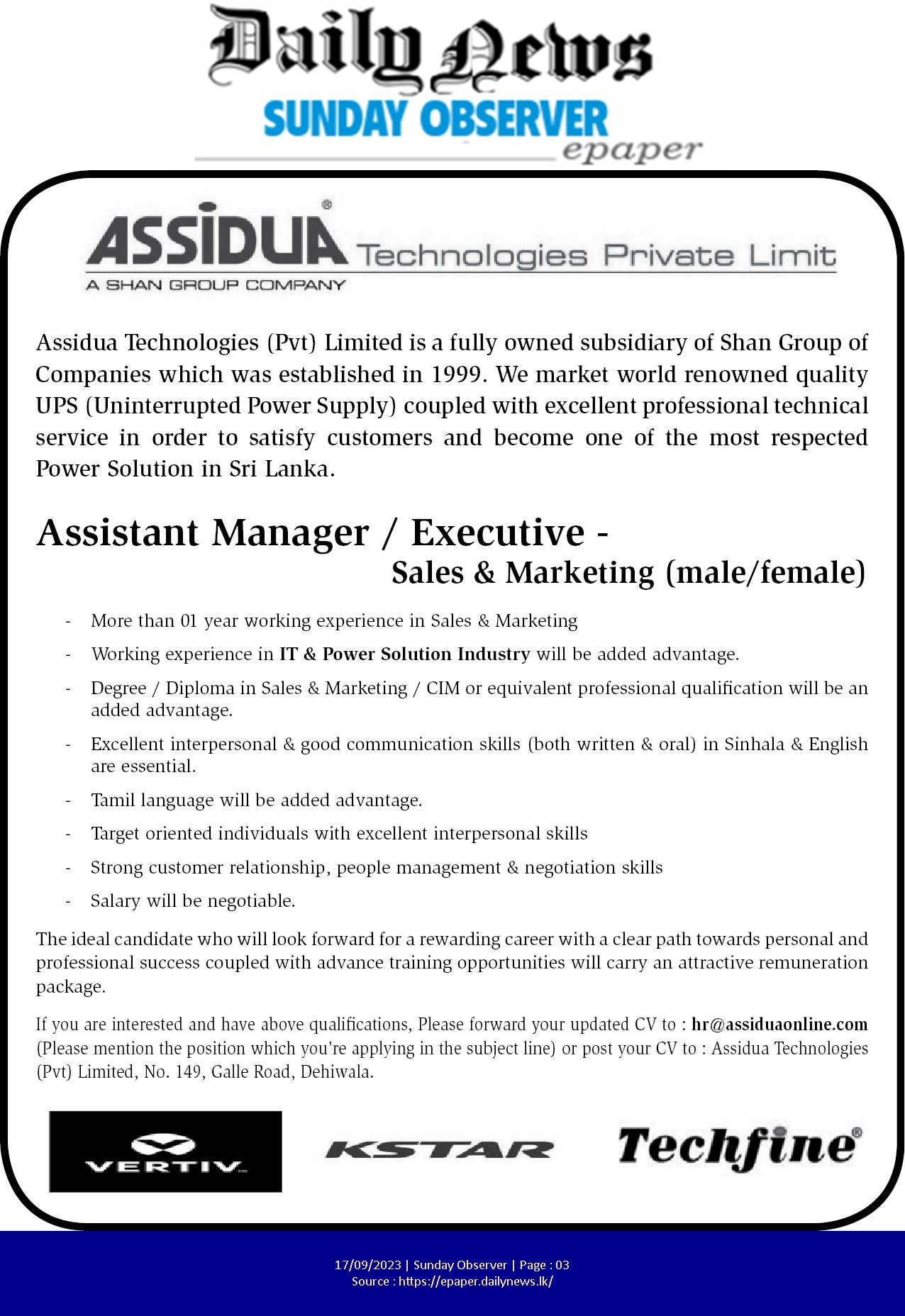 Assistant Manager - Assidua Technologies Pvt Ltd