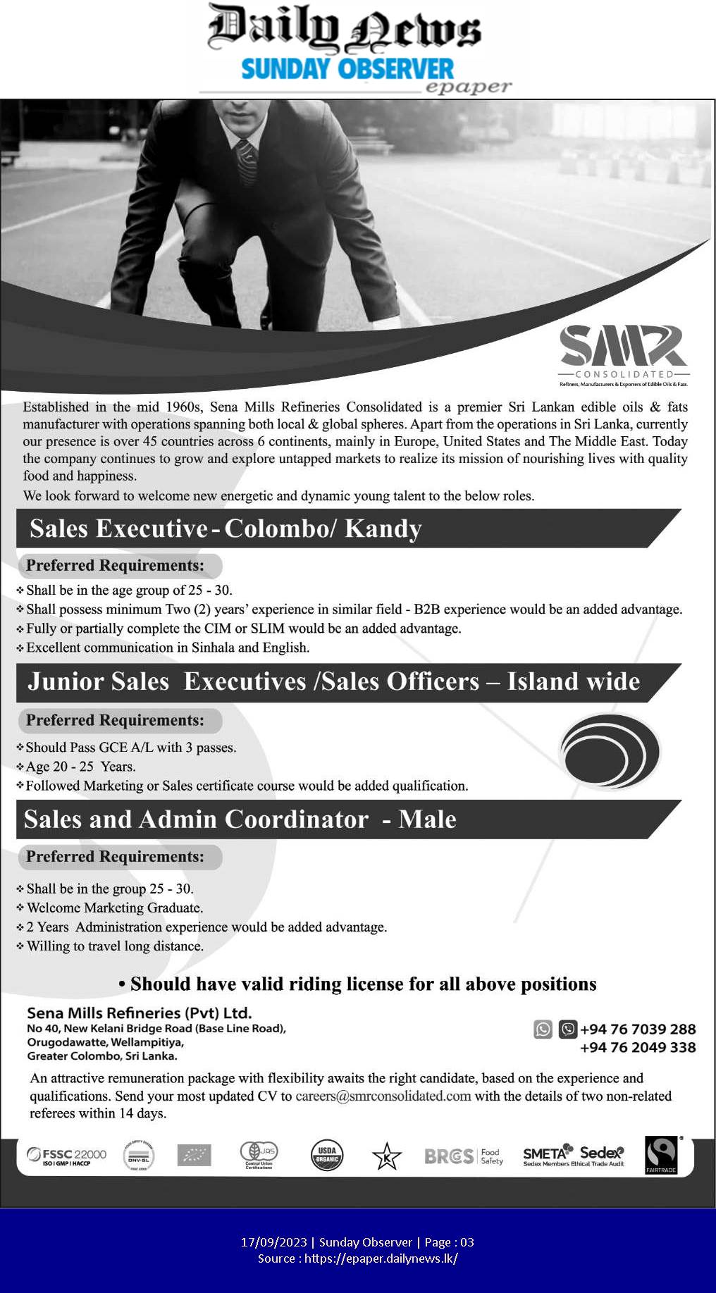 Sales Executive, Sales Officer, Sales Administrative Coordinator - Sena Mills Refineries (Pvt) Ltd