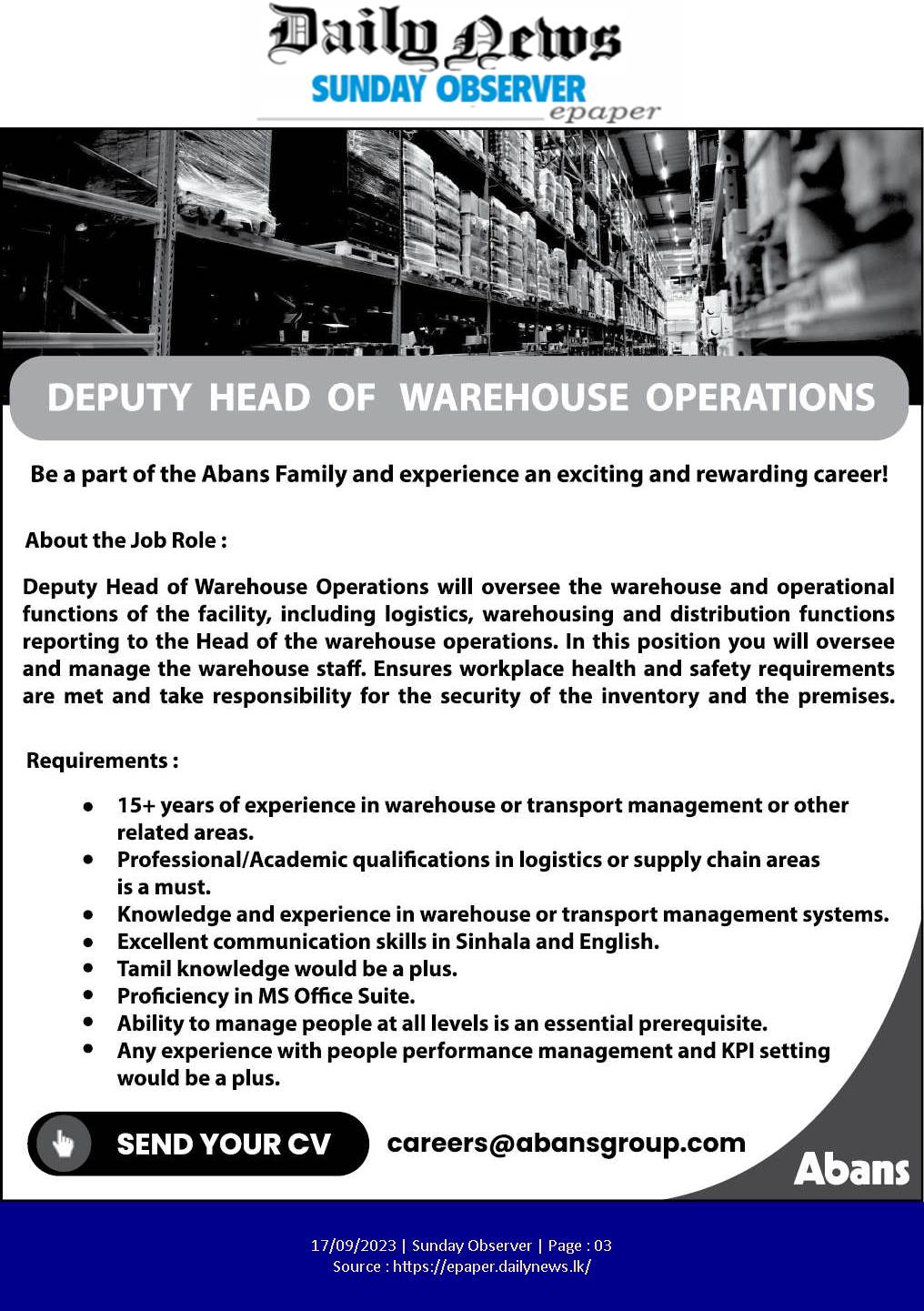 Deputy Head of Warehouse - Abans Finance PLC