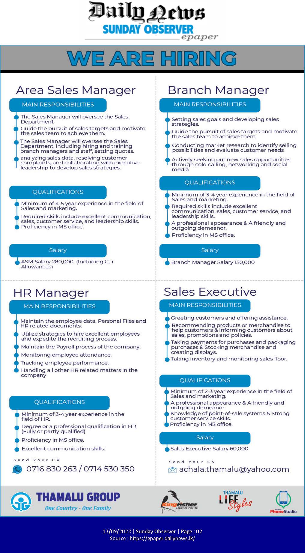 Area Sales Manager, Branch Manager, Human Resource Manager - Thamalu Group