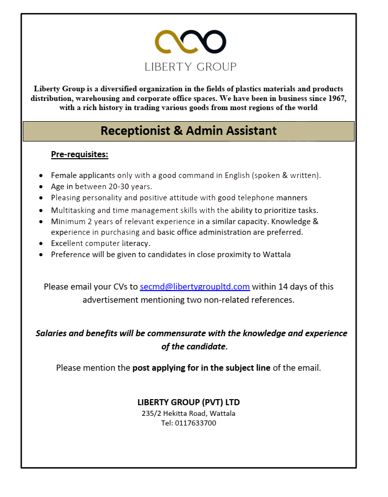 Admin Assistant, Receptionist - Liberty Group (Pvt) Ltd