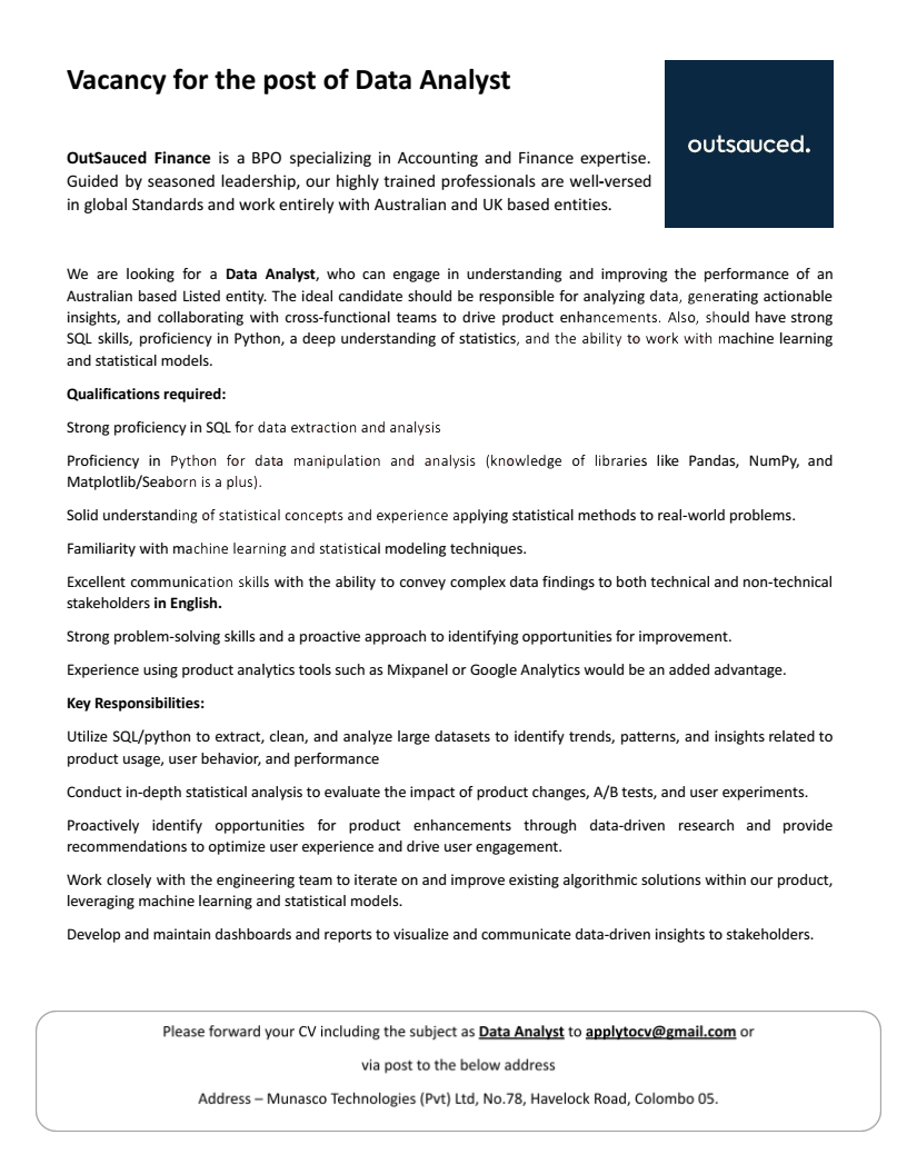 Data Analyst - Munasco Technologies (Pvt) Ltd