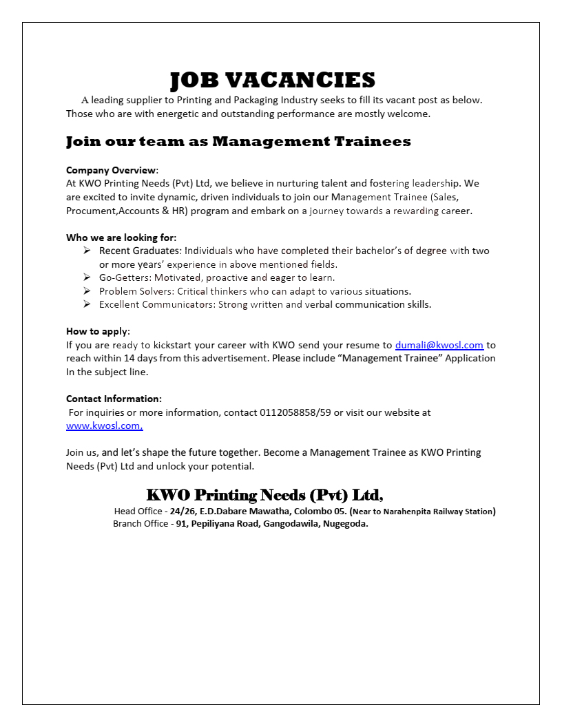 Management Trainee - KWO Printing Needs (Pvt) Ltd