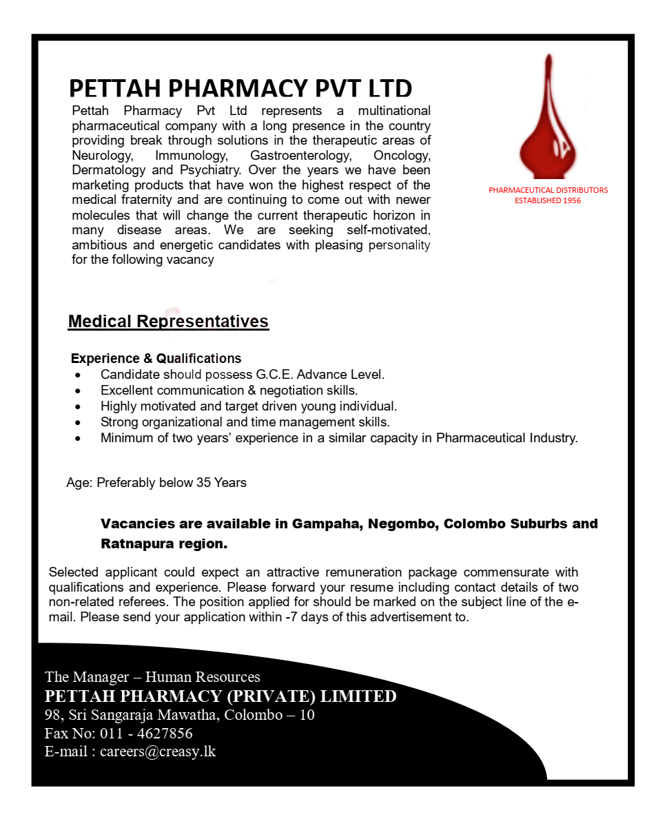 Medical Representative - Pettah Pharmacy (Pvt) Limited