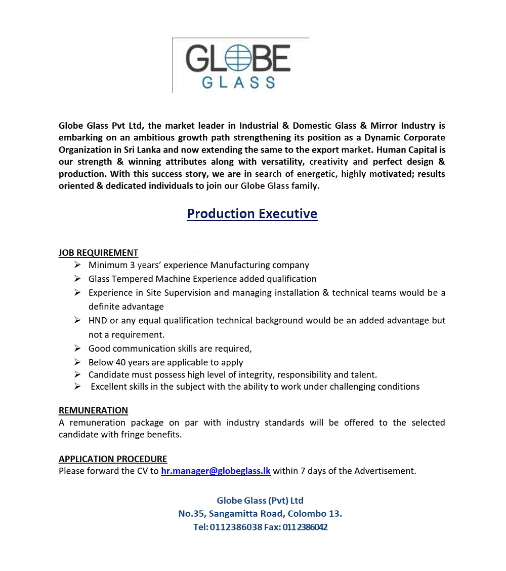 Production Executive - Globe Glass Pvt Ltd