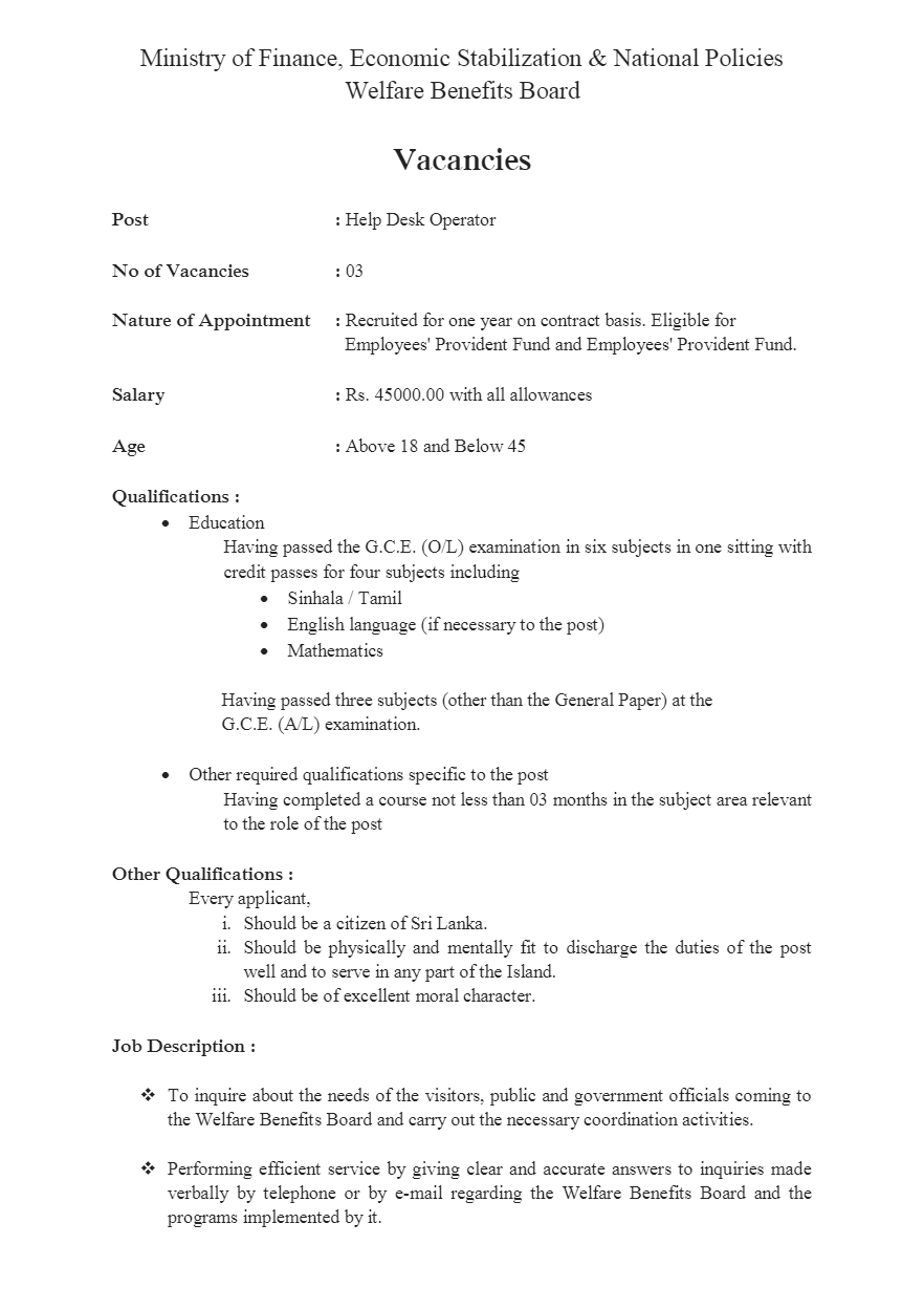 Help Desk Operator - Ministry of Finance
