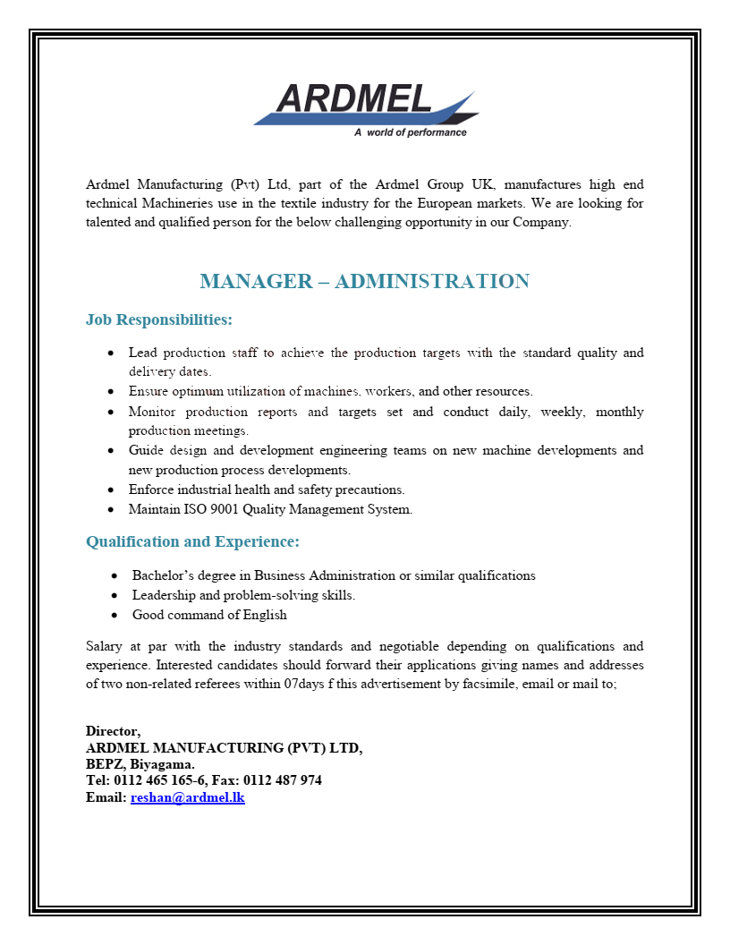 Manager - Ardmel Manufacturing (Pvt) Ltd