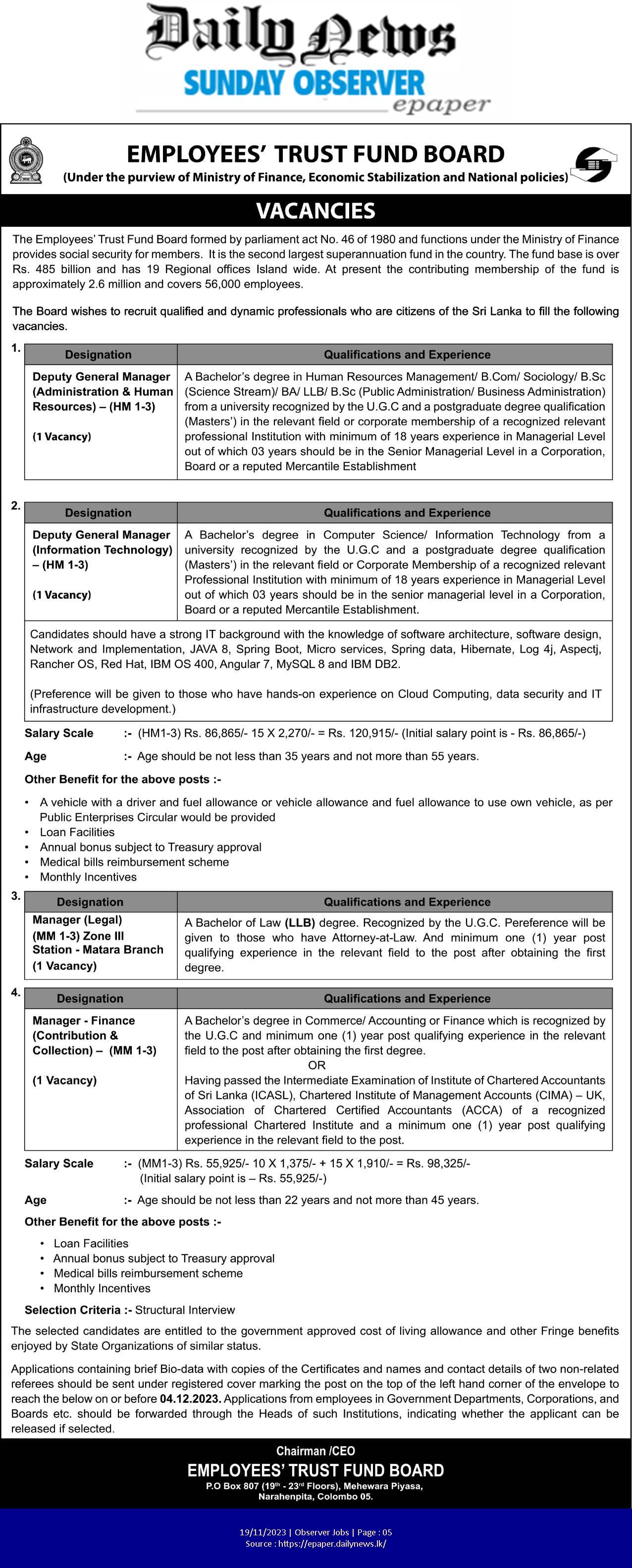 Manager, Deputy General Manager - Employees Trust Fund Board