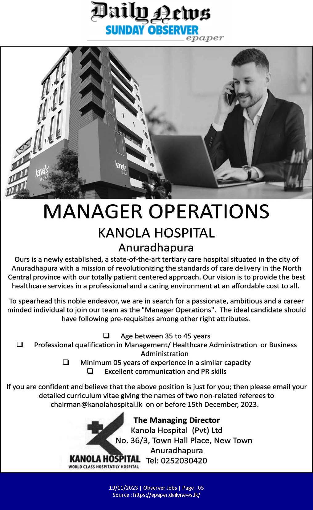 Manager - Kanola Hospital (Pvt) Ltd