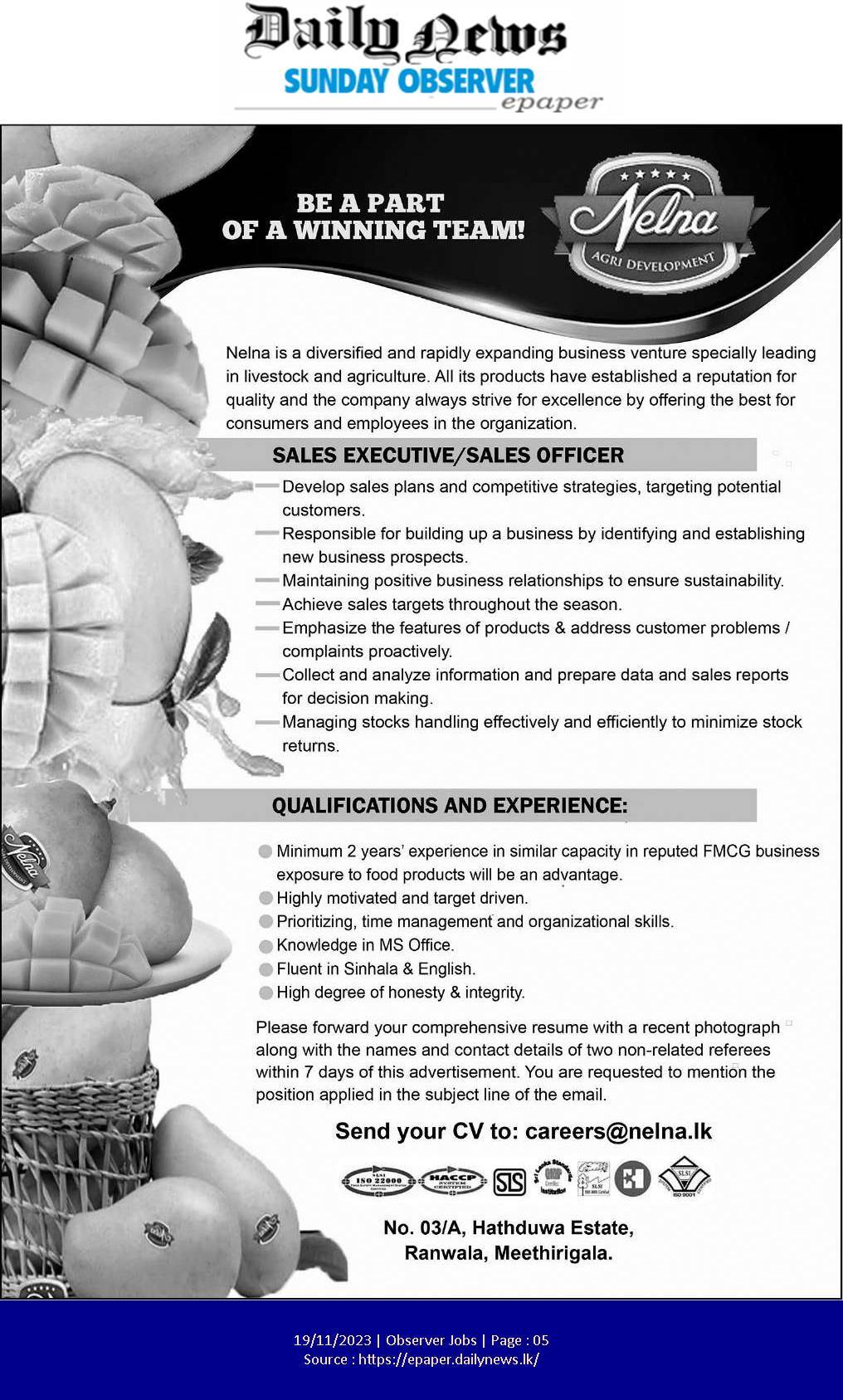 Sales Executive - Nelna Farms (Pvt) Ltd