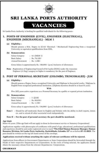 Engineer, Personal Secretary - Sri Lanka Ports Authority