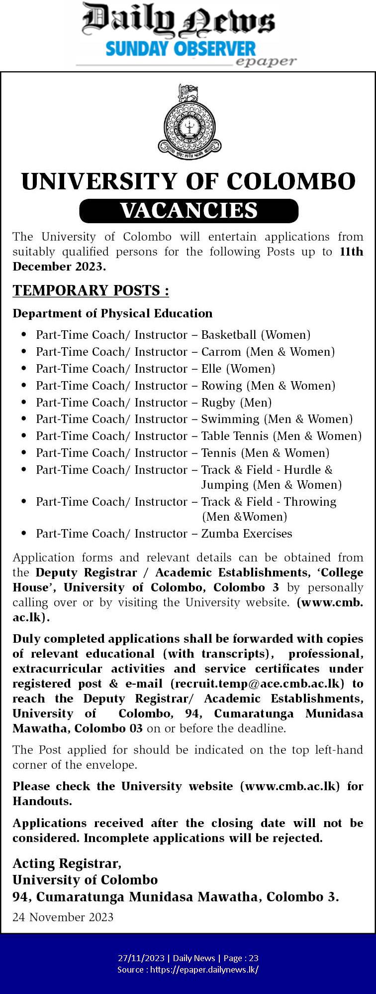 Coach, Instructor - University of Colombo