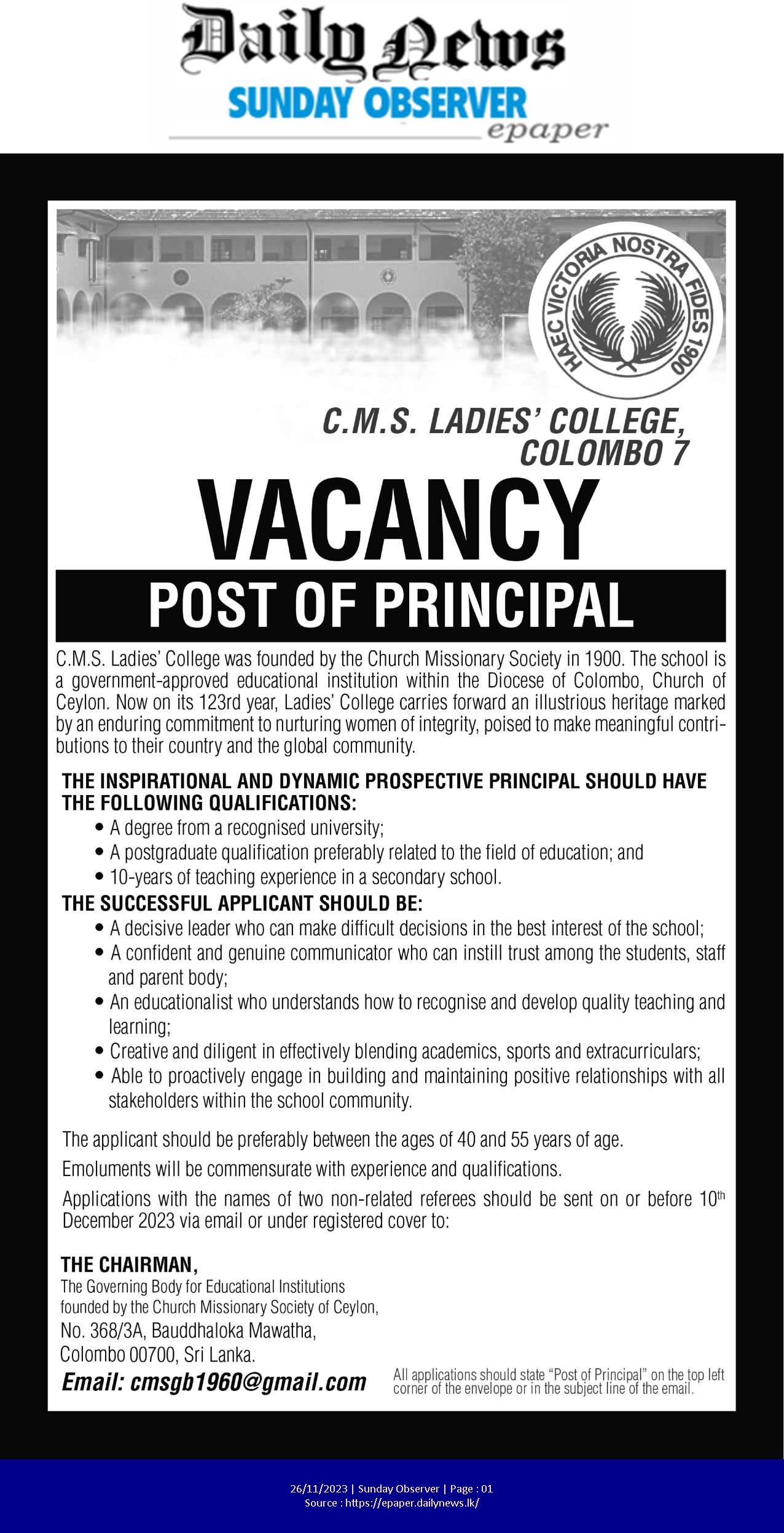 Principal - C.M.S. Ladies' College