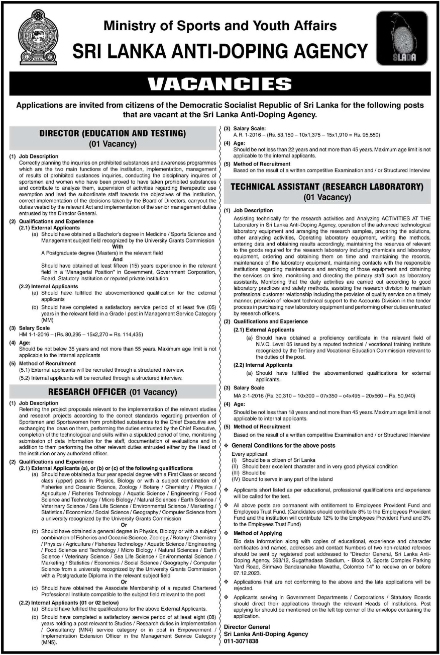 Director, Research Officer, Technical Officer - Sri Lanka Anti-Doping Agency