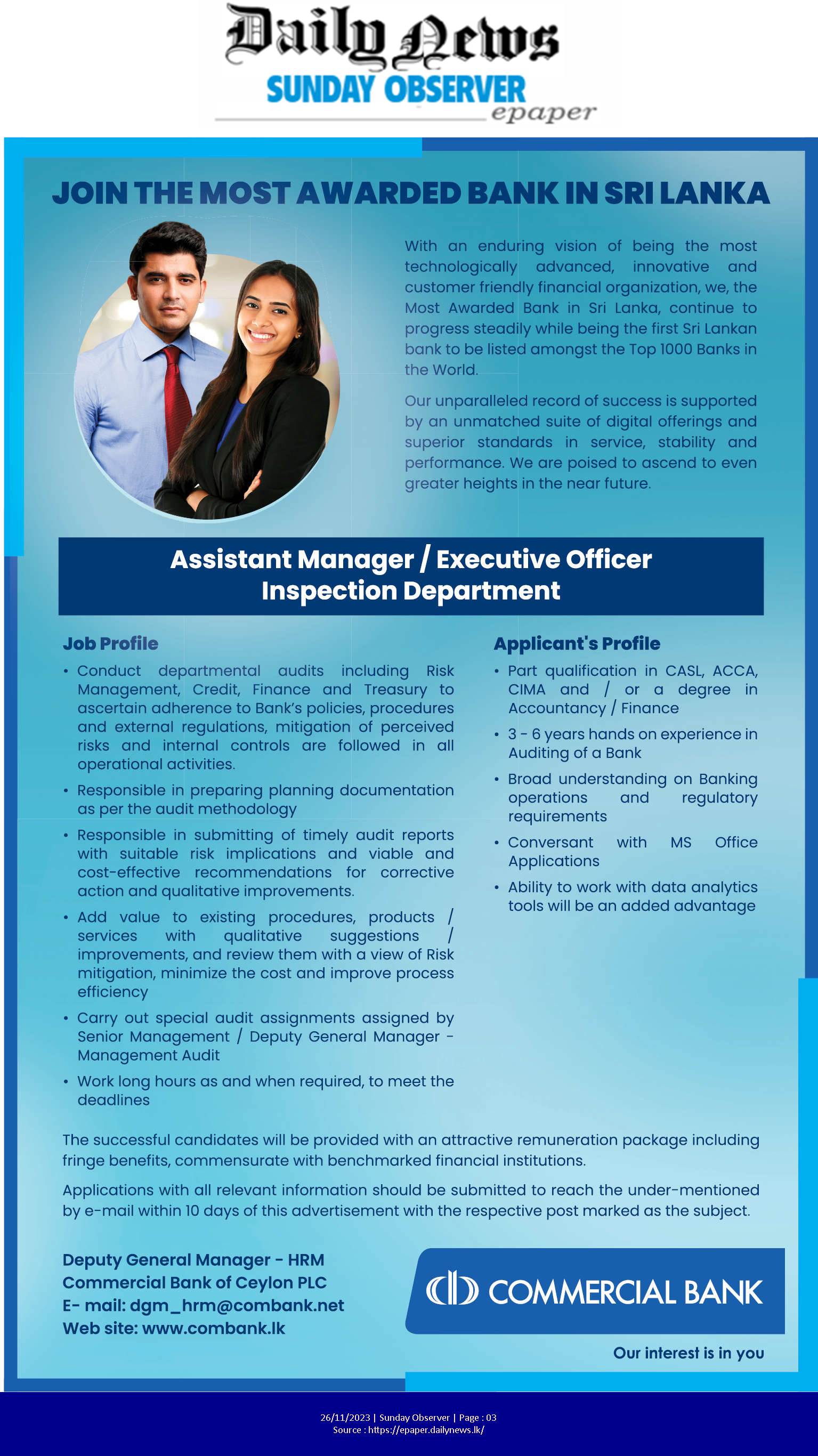 Assistant Manager, Executive Officer - Commercial Bank of Ceylon PLC