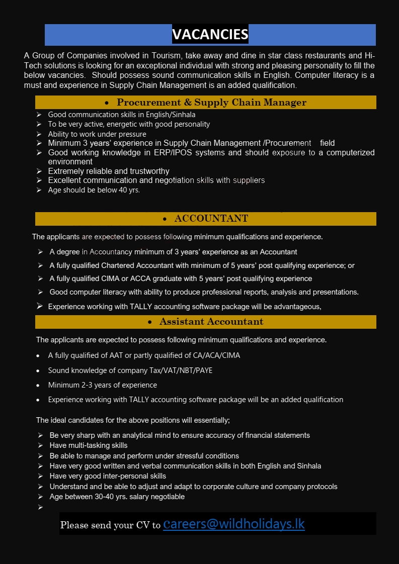 Procurement & Supply Chain Manager, Accountant, Assistant Accountant