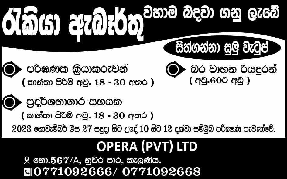 Heavy Vehicle Driver, Computer Operator, Showroom Assistant - Opera (Pvt) Ltd