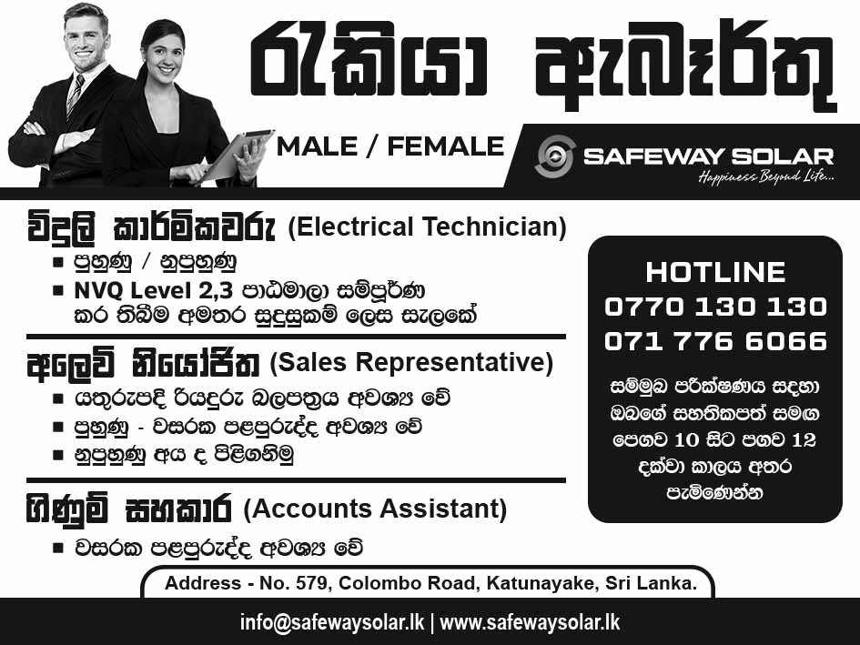 Electrical Technician, Sales Representative, Accounts Assistant - Safeway Solar