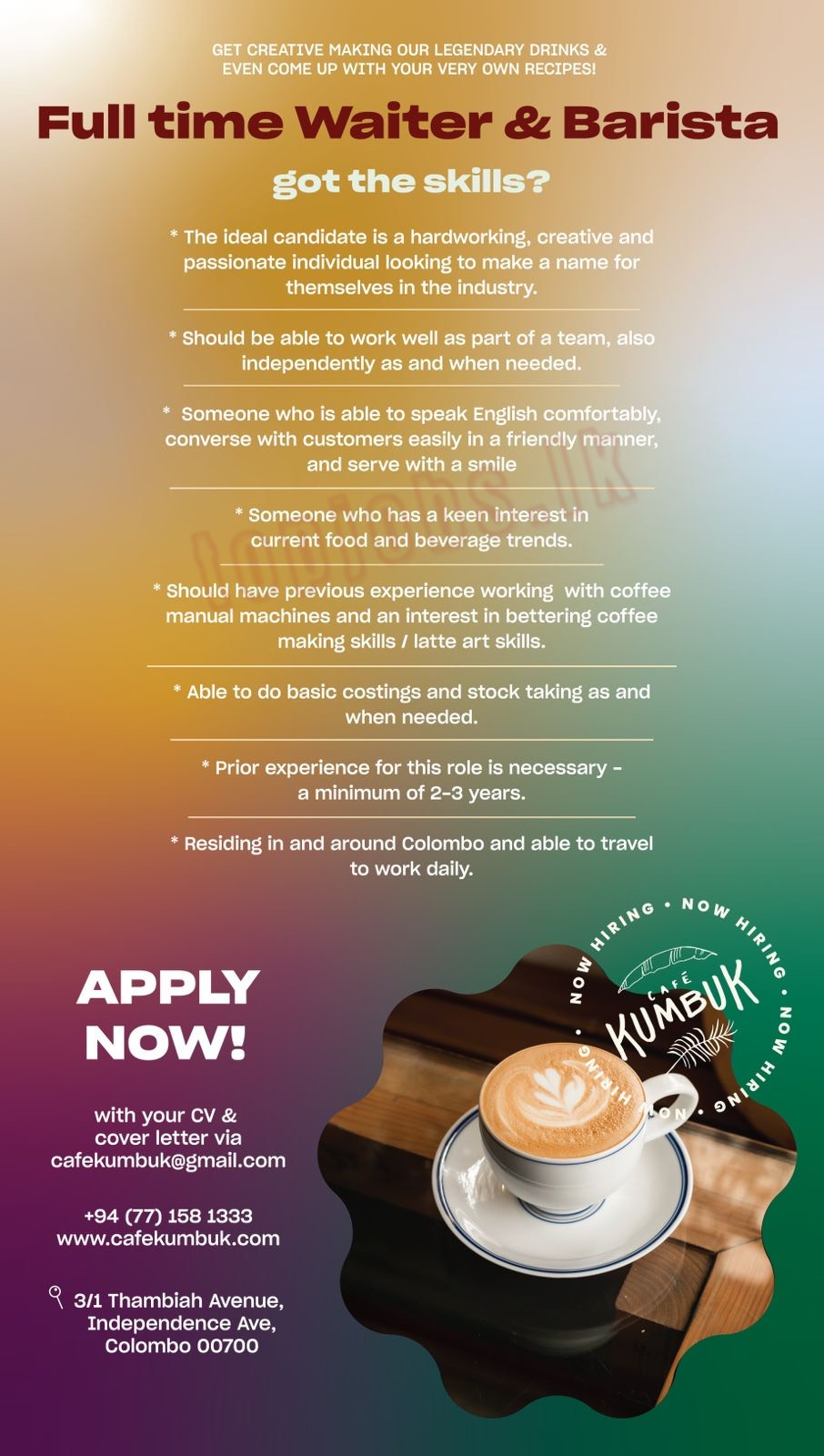 Waiter, Barista - Cafe Kumbuk