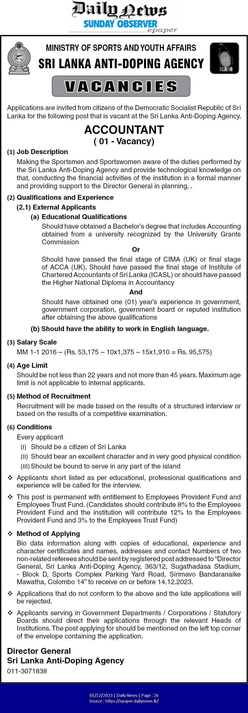 Accountant - Sri Lanka Anti-Doping Agency
