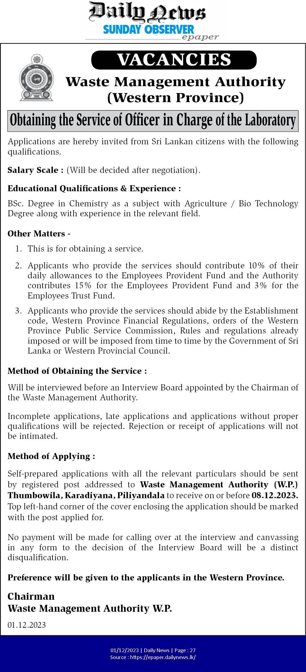 Officer in Charge of the Laboratory - Waste Management Authority