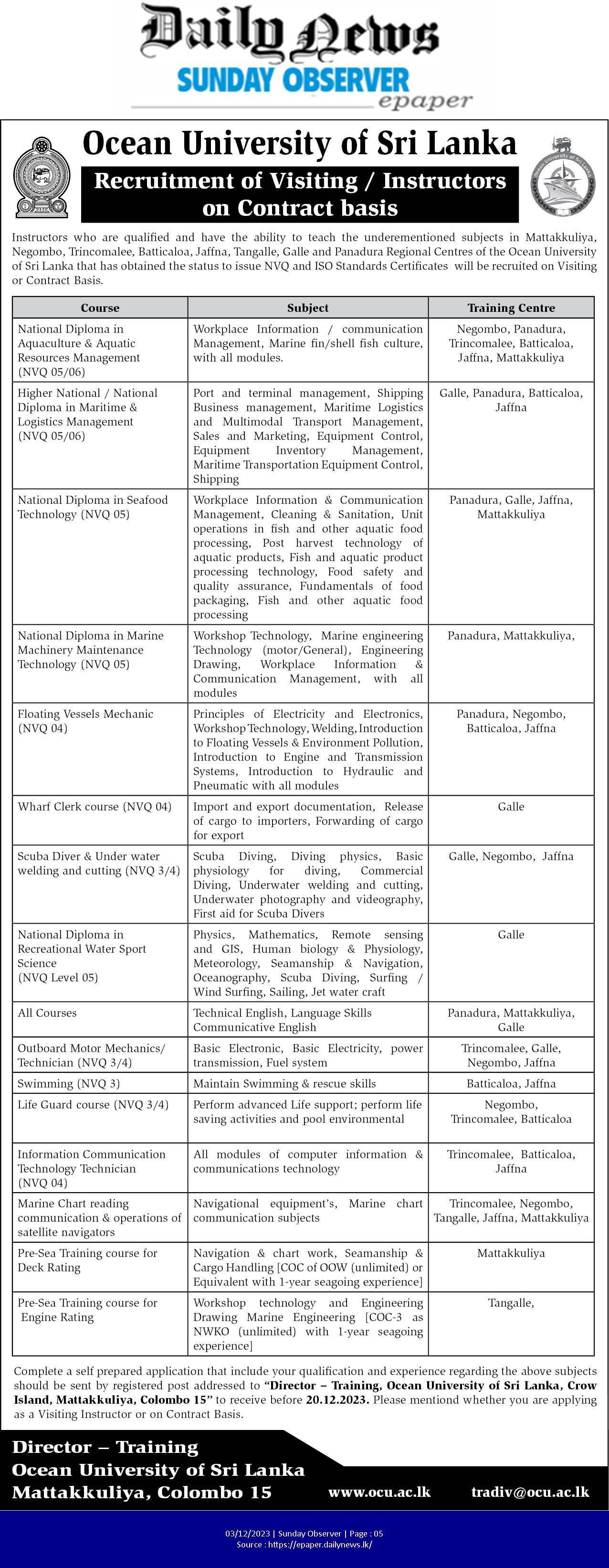 Instructor - Ocean University of Sri Lanka
