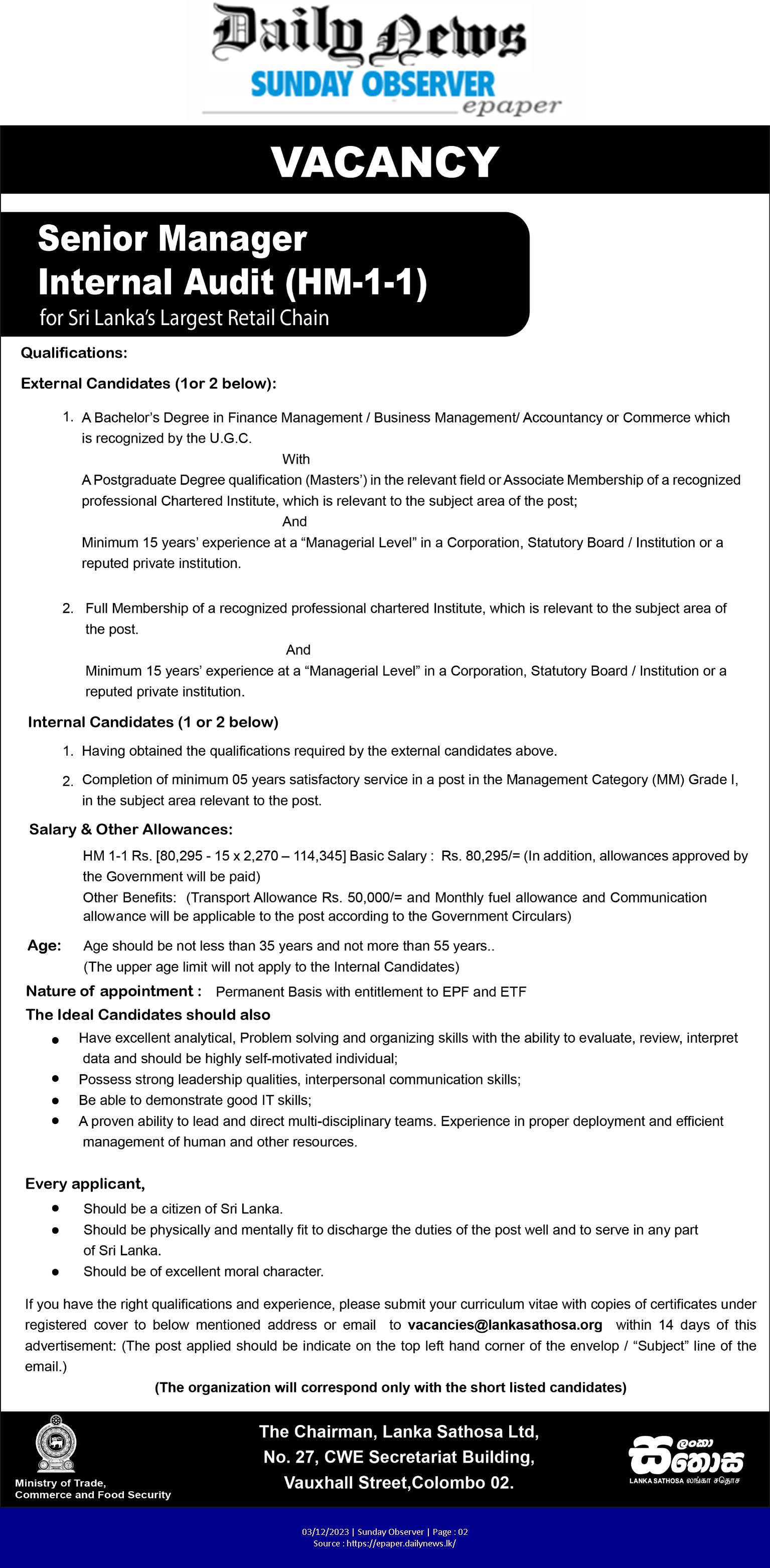 Senior Manager - Lanka Sathosa Limited