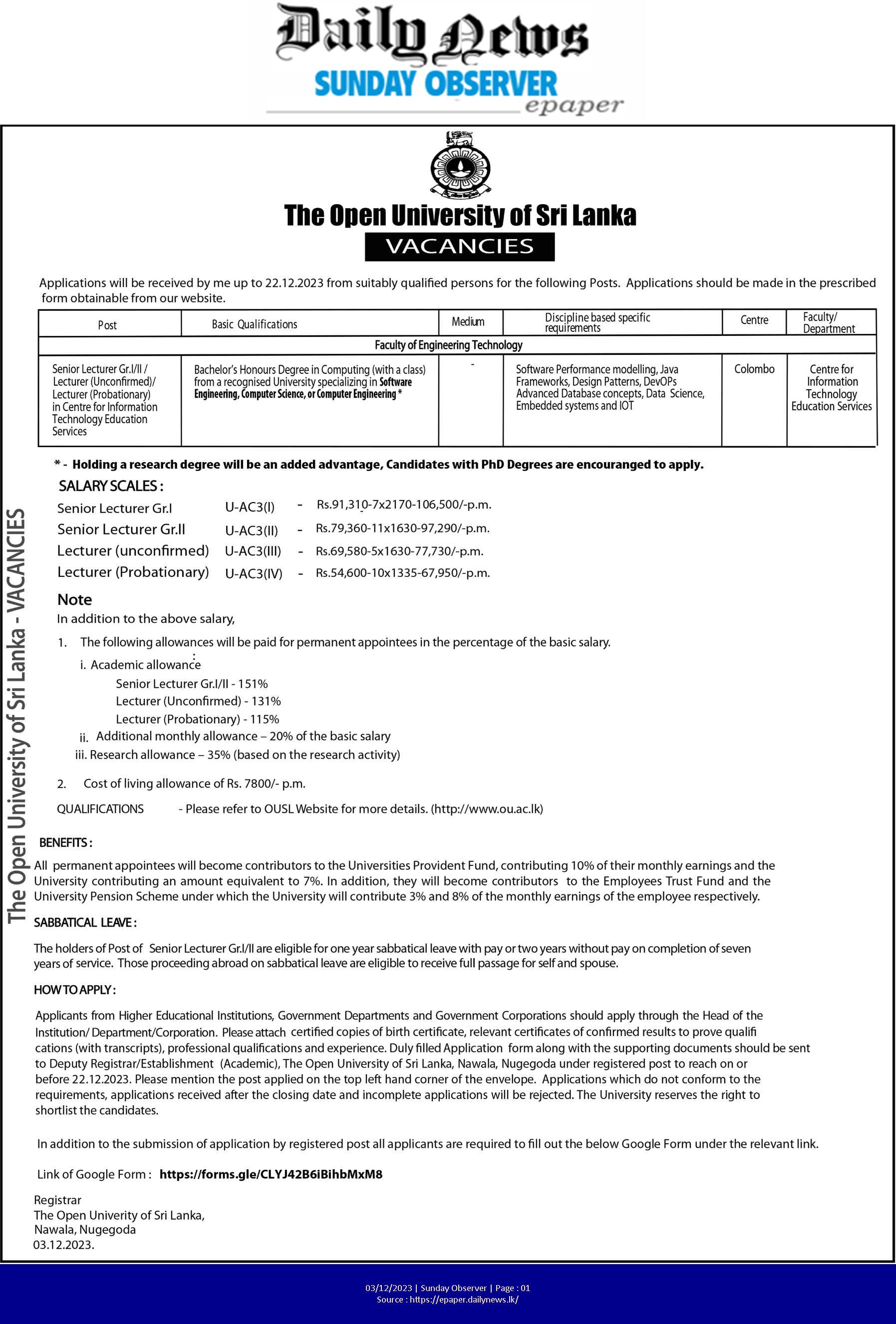 Lecturer, Senior Lecturer -  Open University of Sri Lanka