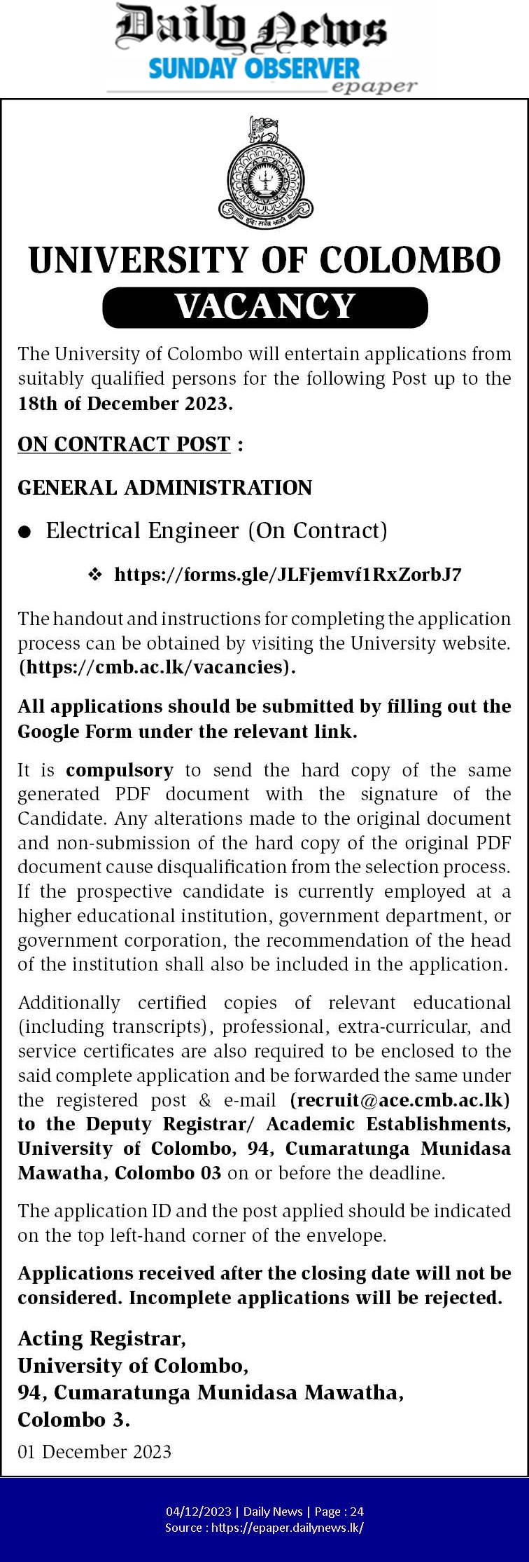 Electrical Engineer - University of Colombo