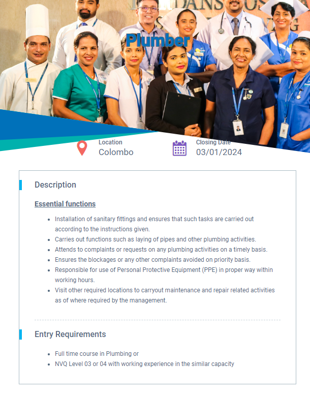 Plumber - Durdans Hospital