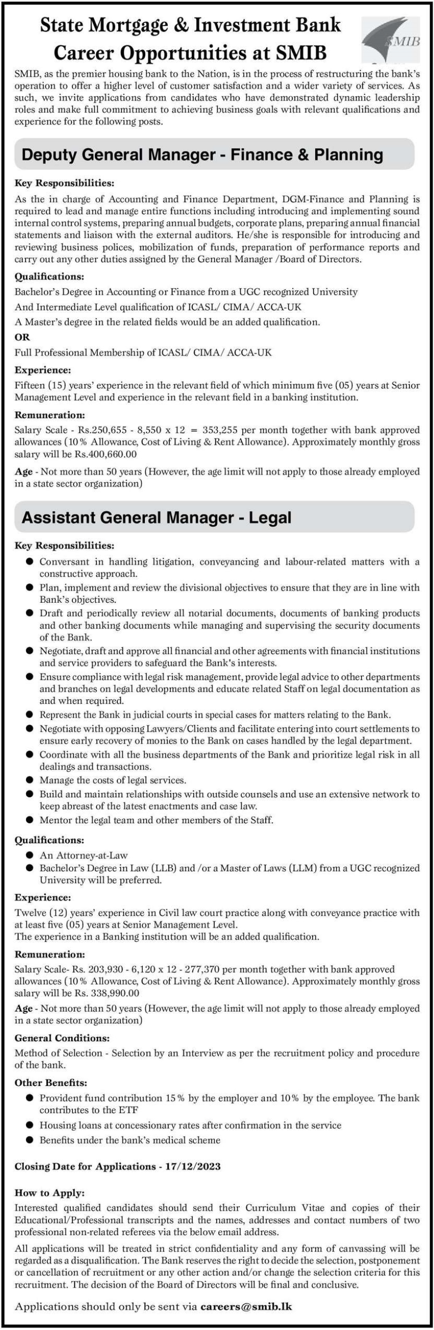 Deputy General Manager, Assistant General Manager - State Mortgage and Investment Bank