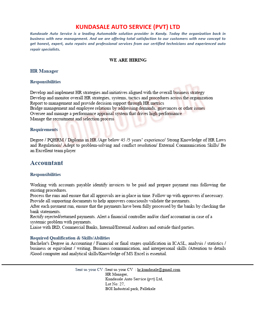 HR Manager, Accountant - Kundasale Auto Service (Pvt) Ltd