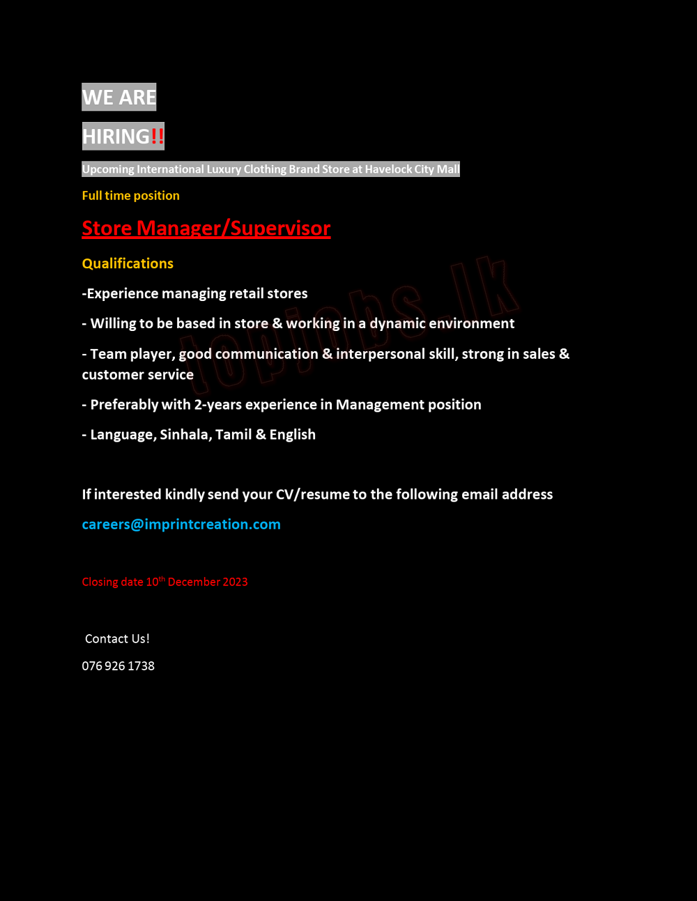 Store Manager, Supervisor