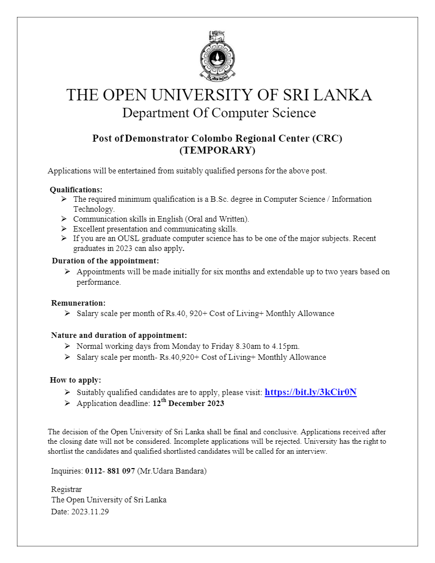 Demonstrator - Open University of Sri Lanka