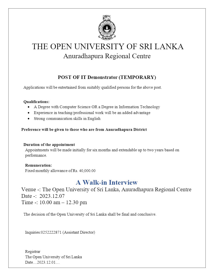 Demonstrator - Open University of Sri Lanka