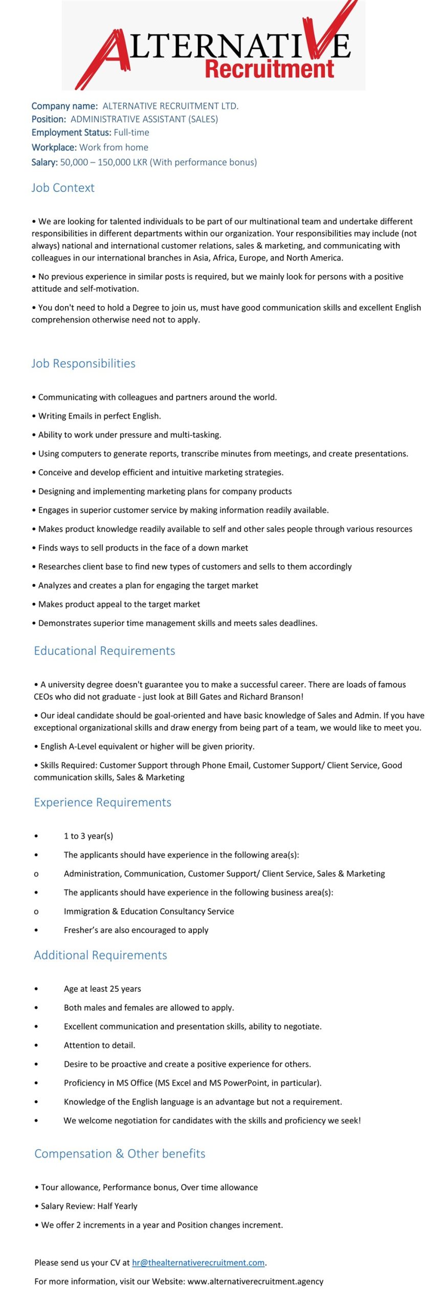 Administrative Assistant - Alternative Recruitment Limited